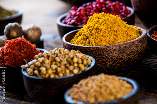 Hot spices in bowls, oriental theme