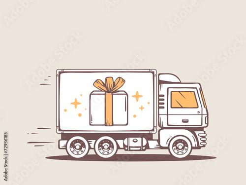 Vector illustration of truck free and fast delivering gift box t