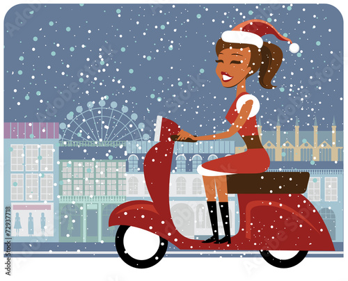 Santa girl riding red scooter