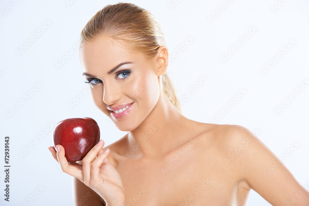 Bare Attractive Woman Holding Dark Red Apple Bare Attractive Woman Holding Dark Red Apple