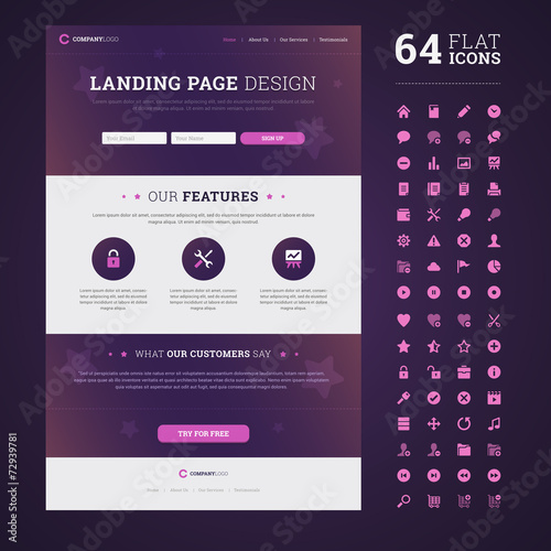 One page design landing page / email template with set of 64 hig