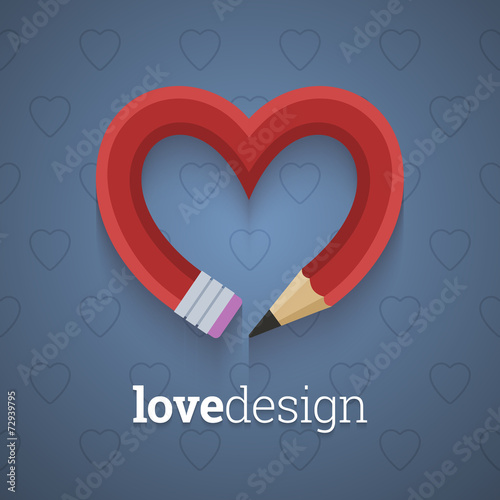 Pencil in the shape of heart on green background in flat style w