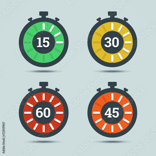 Timer icons with color gradation and numbers in flat style on a