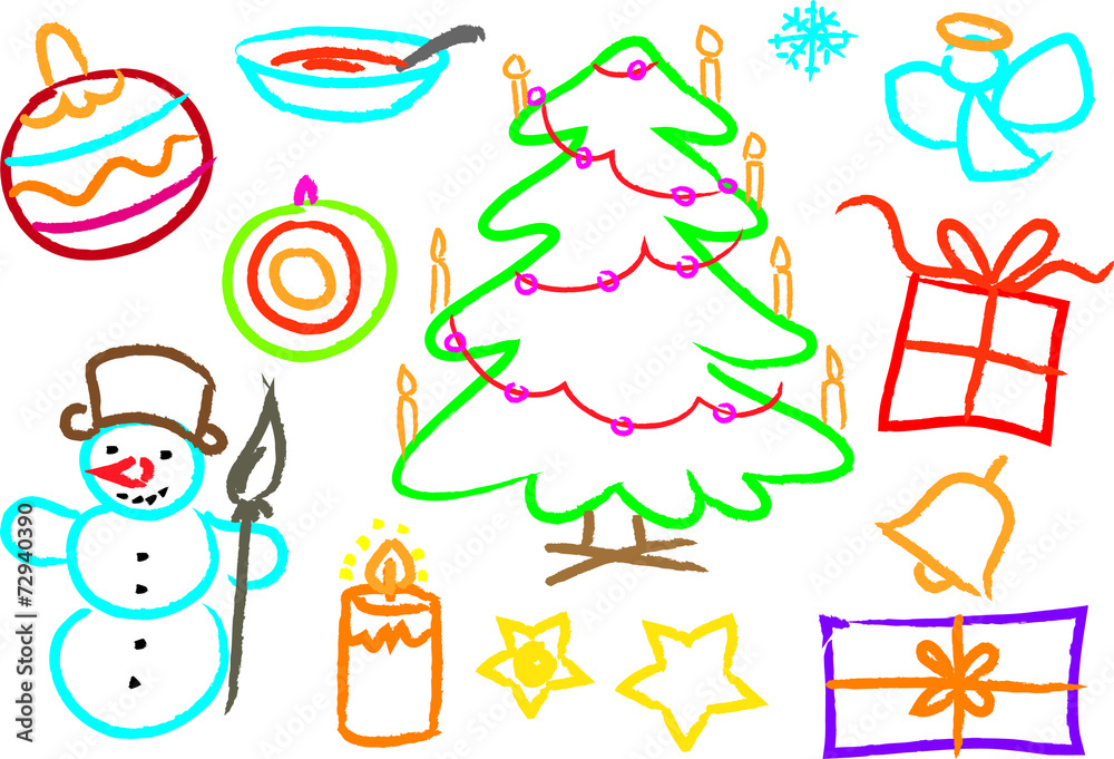 Naklejka premium Children's drawings of kids,christmastree, snowman, objects