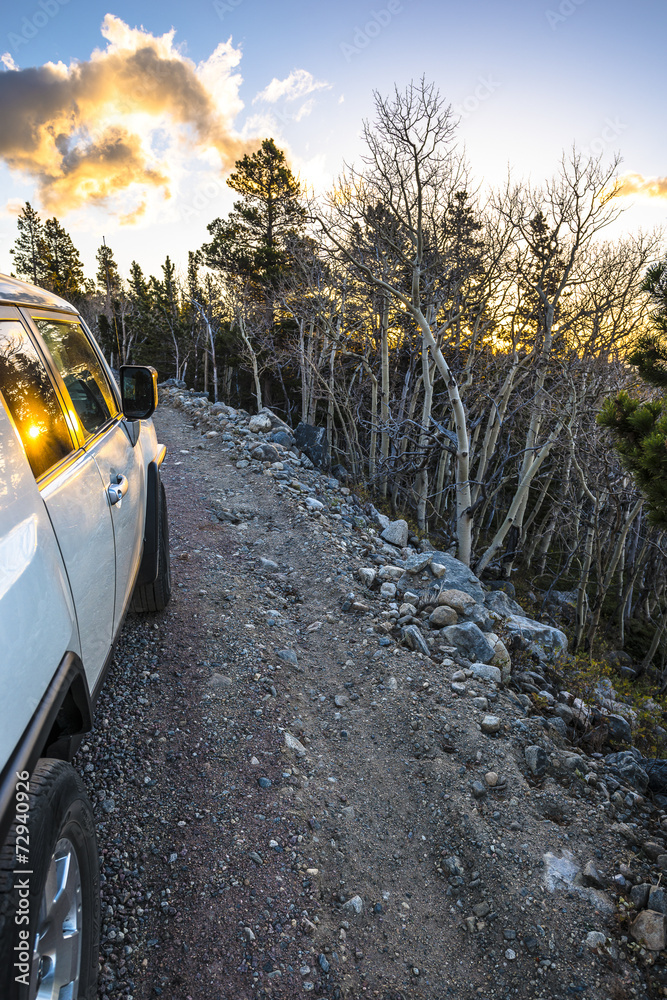 Road 116 to rainbow lakes campground with Kiowa Peak in the Bac Stock