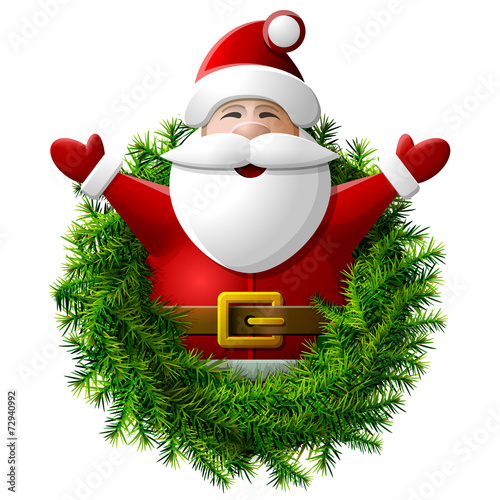 Santa Claus to waist with his hands up. Wreath of christmas tree