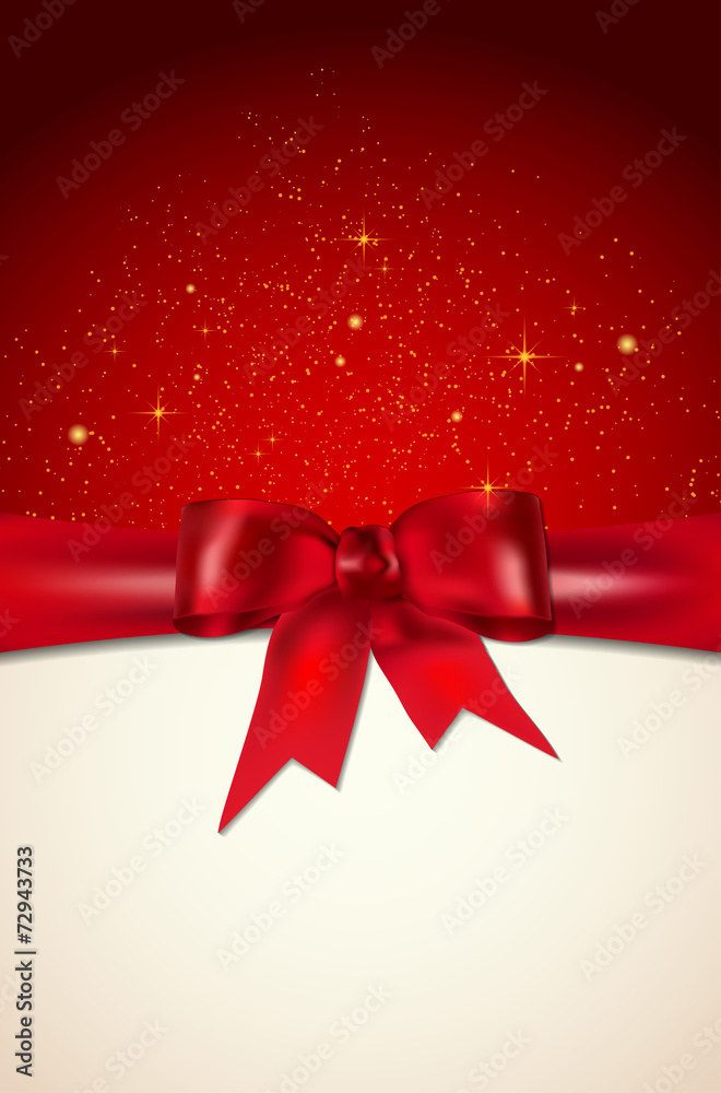 Christmas card with red bow, shiny stars and place for your mess