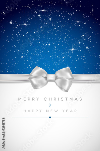 Christmas card with silver bow and shiny stars