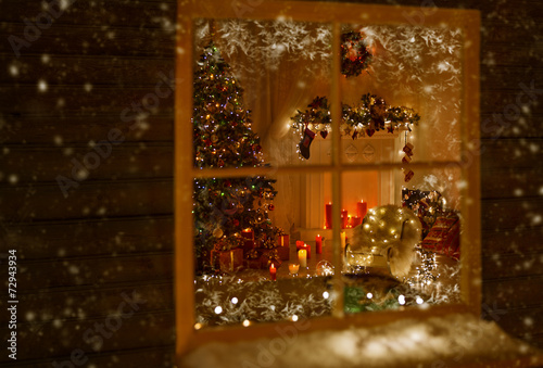 Christmas Window Holiday Home Lights  Room Decorated Xmas Tree