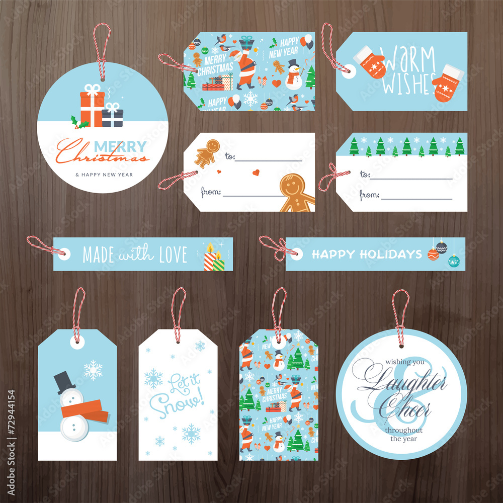 Set of flat design Christmas and New Year tags
