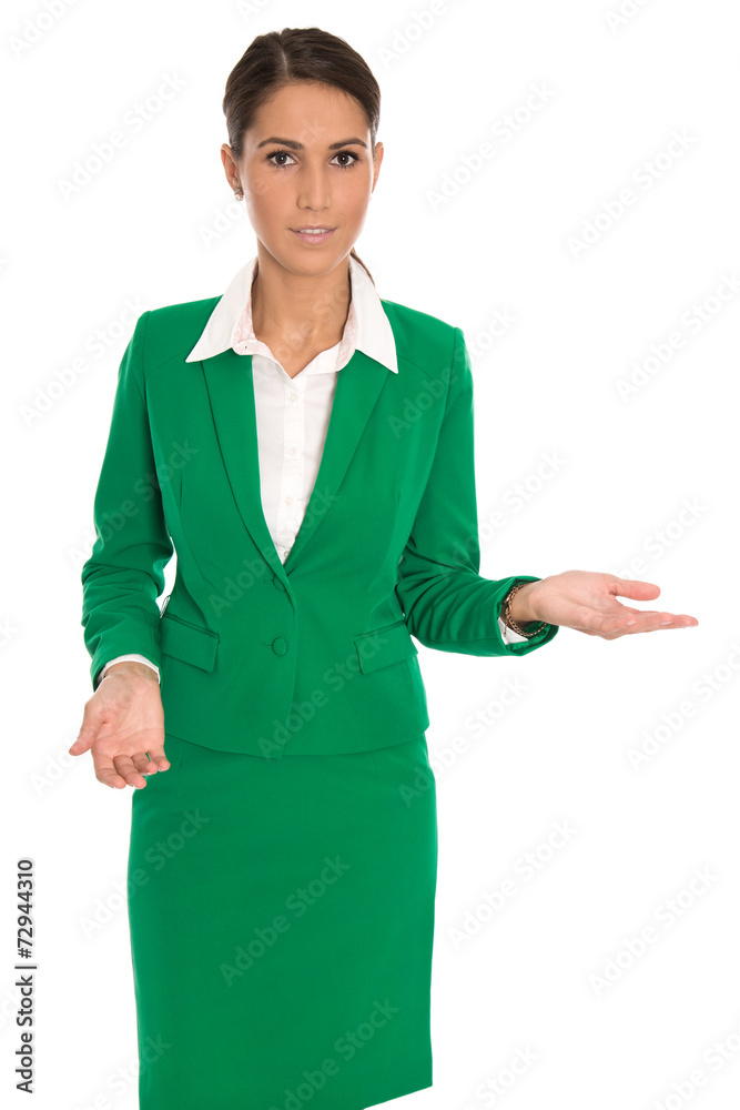 Präsentation: Business Frau isoliert in Grün präsentiert Präsentation: Business Frau isoliert in Grün präsentiert