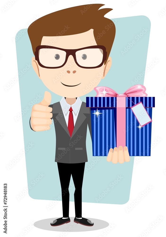 Businessman with colorful gift boxes giving the thumbs up. Businessman with colorful gift boxes giving the thumbs up.