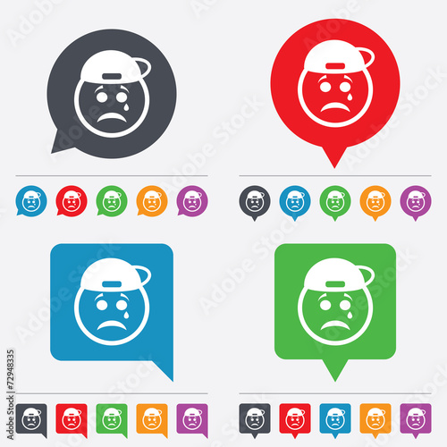 Sad rapper face with tear icon. Crying symbol.