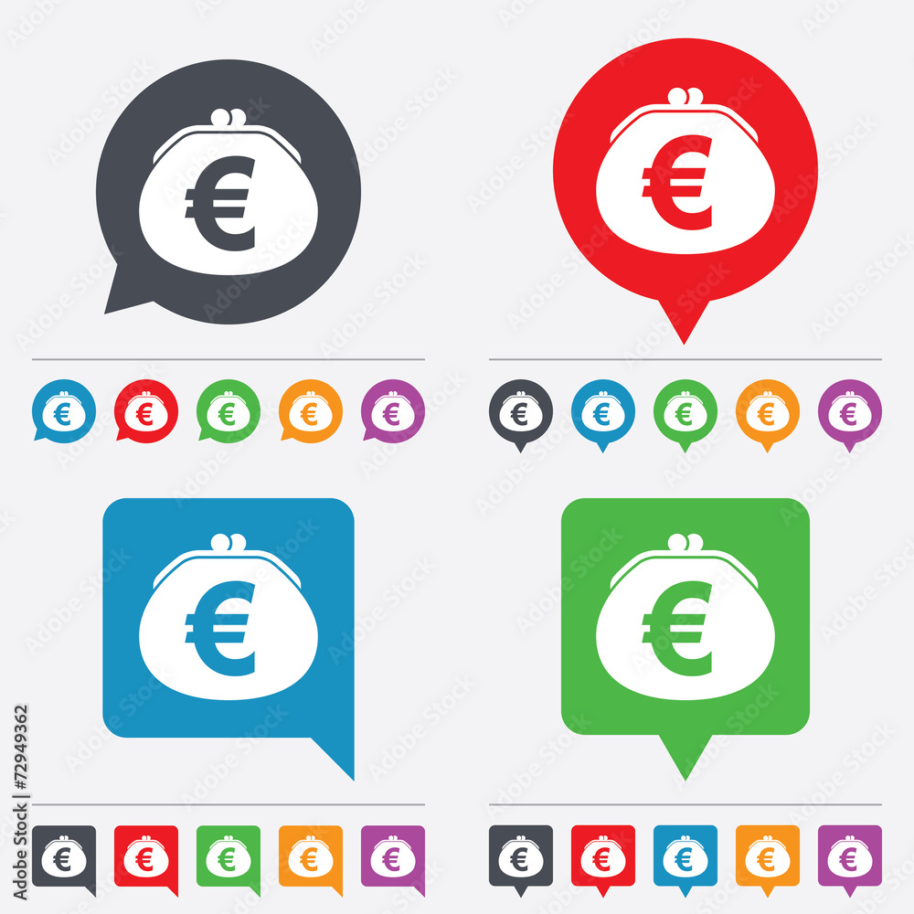 Wallet euro sign icon. Cash bag symbol. Wallet euro sign icon. Cash bag symbol.