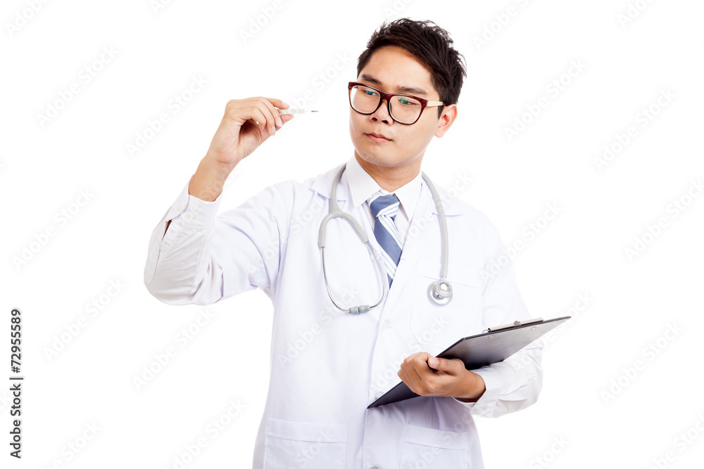 Asian male doctor hold clipboard and thermometer Asian male doctor hold clipboard and thermometer
