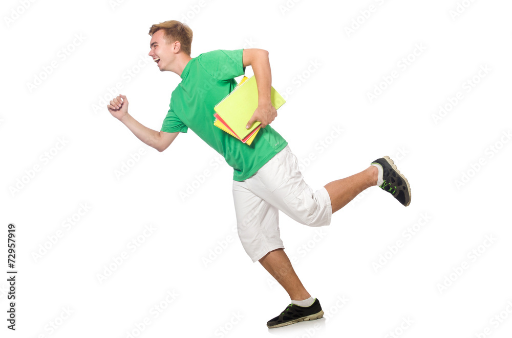 Student rushing to the lesson isolated on white Student rushing to the lesson isolated on white