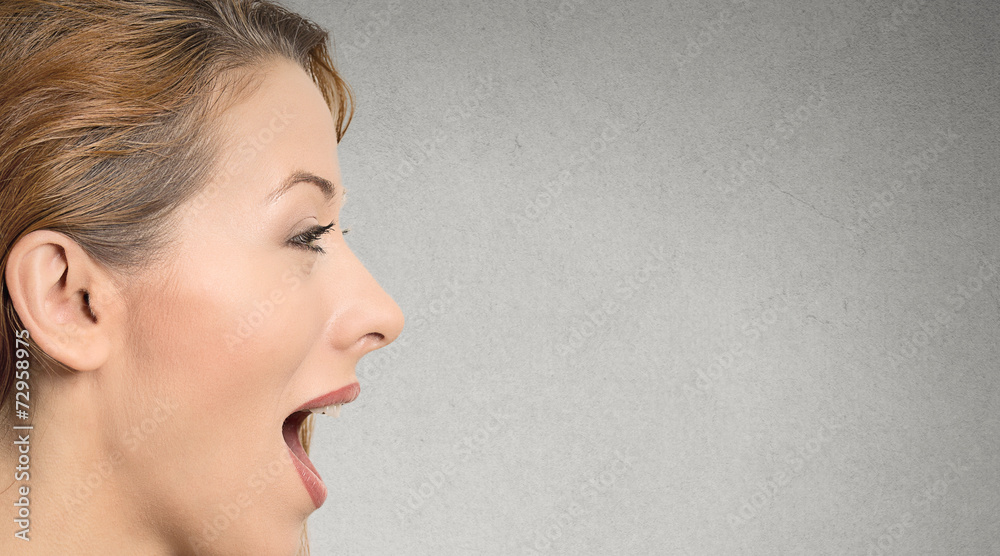 woman talking with sound coming out of her open mouth woman talking with sound coming out of her open mouth