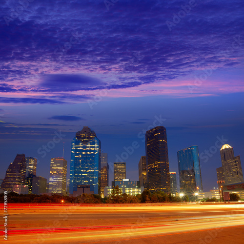 Houston downtown skyline at sunset dusk Texas