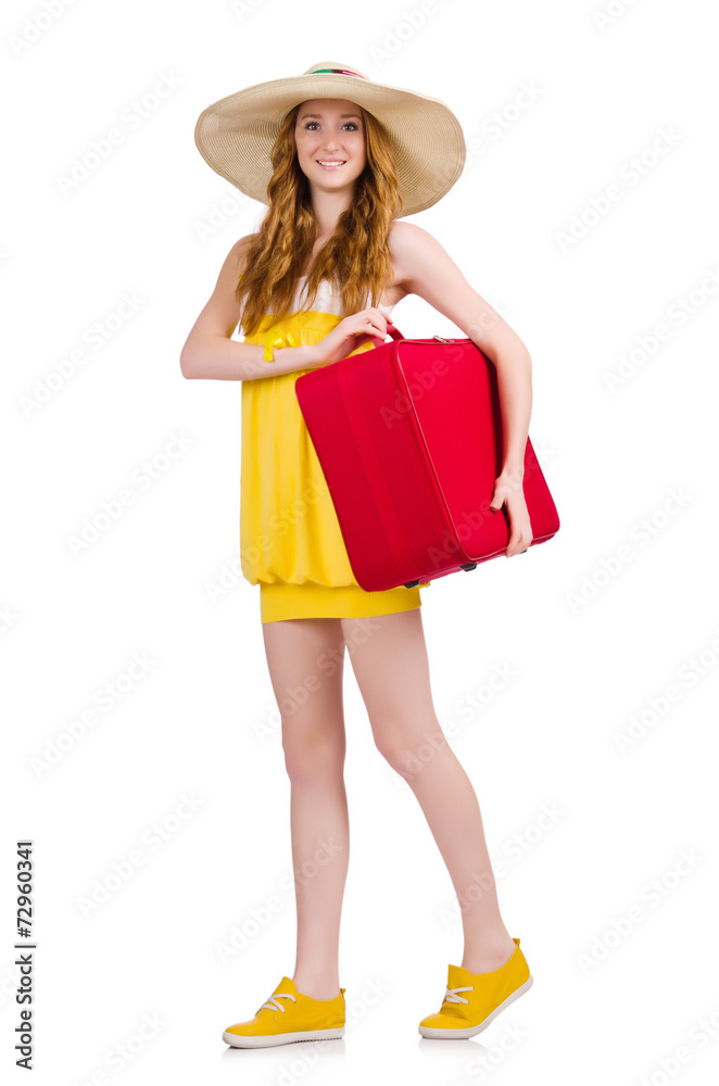Woman preparing for summer vacation on white Woman preparing for summer vacation on white