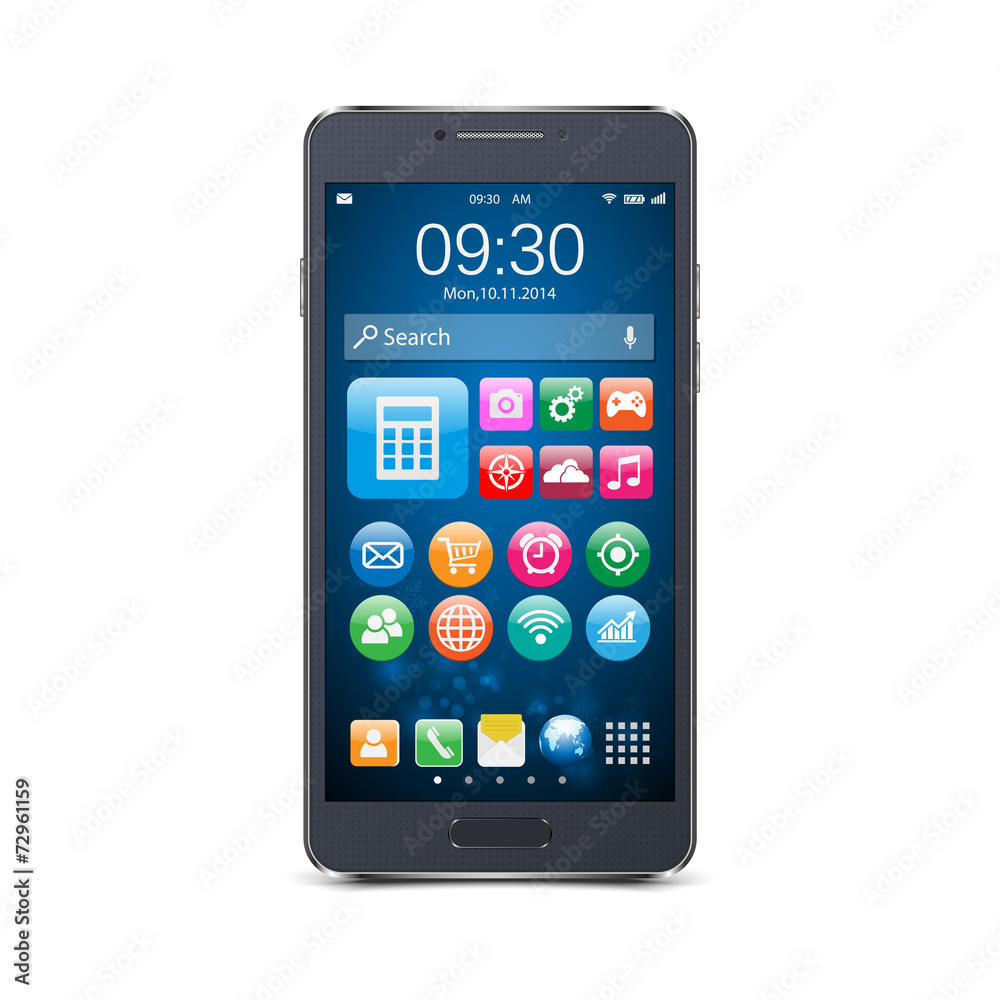 Vector smart phones with icons isolated.