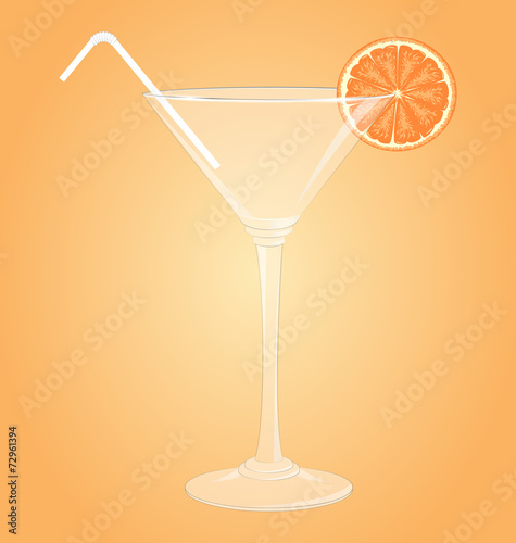 Empty glass for martini with orange and plastic tube on orange b