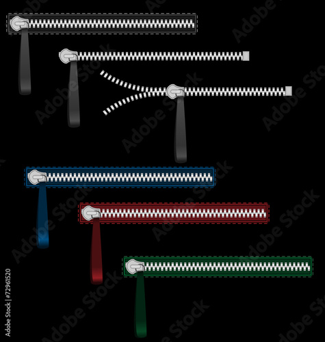 Six metal zippers isolated on black background