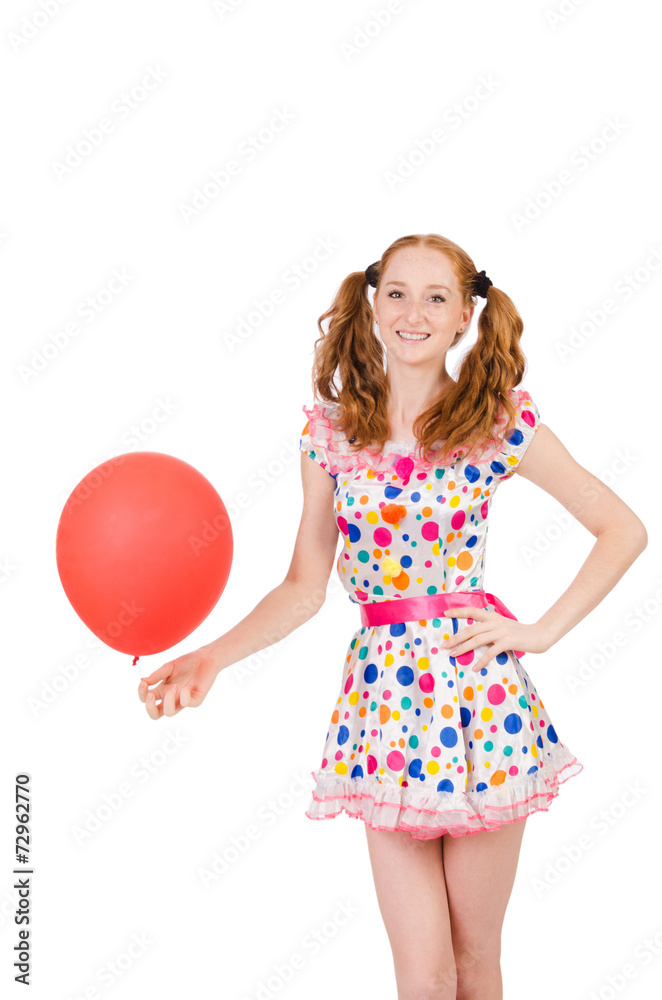 Young woman with red balloon isolated on white