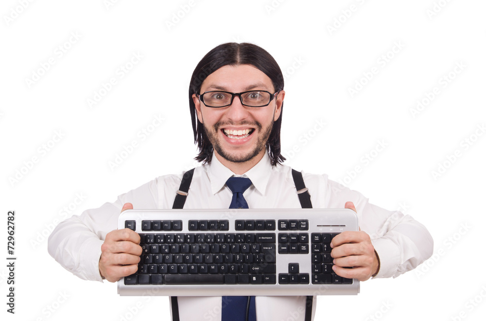 custom made wallpaper toronto digitalYoung funny businessman with keyboard isolated on white