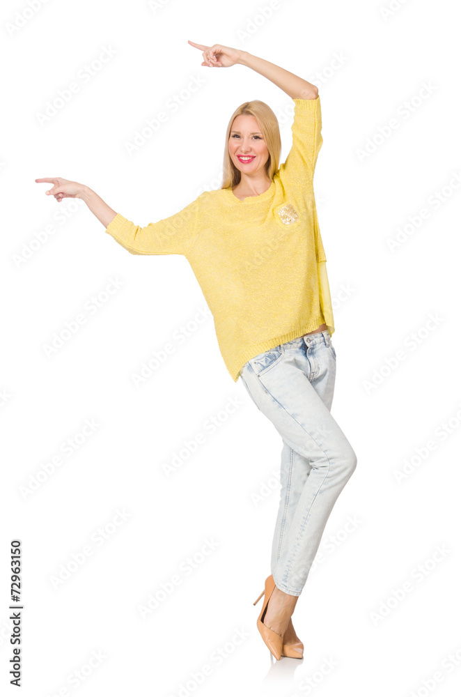 Woman pressing virtual button isolated on white Woman pressing virtual button isolated on white