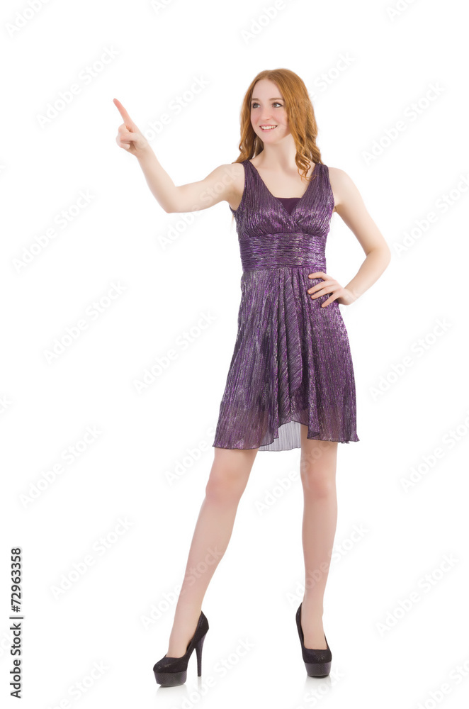 Woman pressing virtual button isolated on white Woman pressing virtual button isolated on white