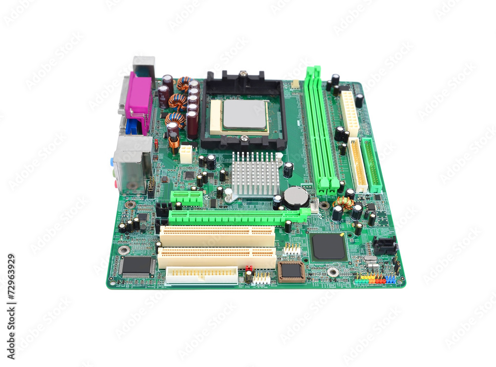 Printed computer motherboard, isolated on white background Printed computer motherboard, isolated on white background