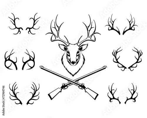 Set of antlers with a trophy and guns