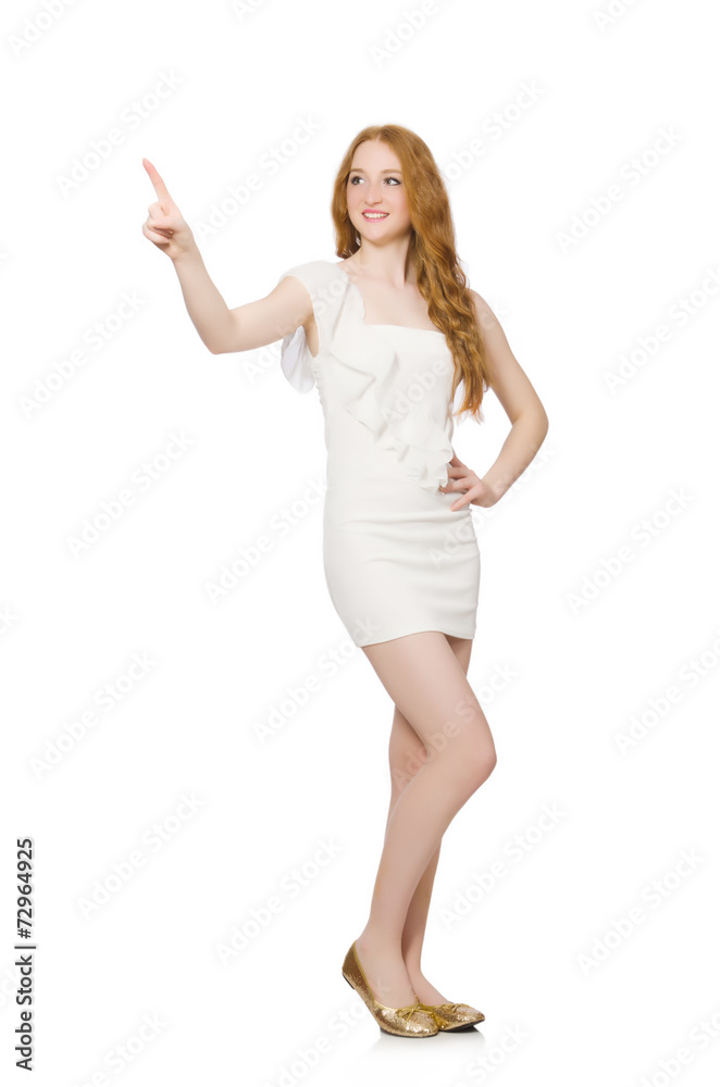 Woman pressing virtual button isolated on white Woman pressing virtual button isolated on white