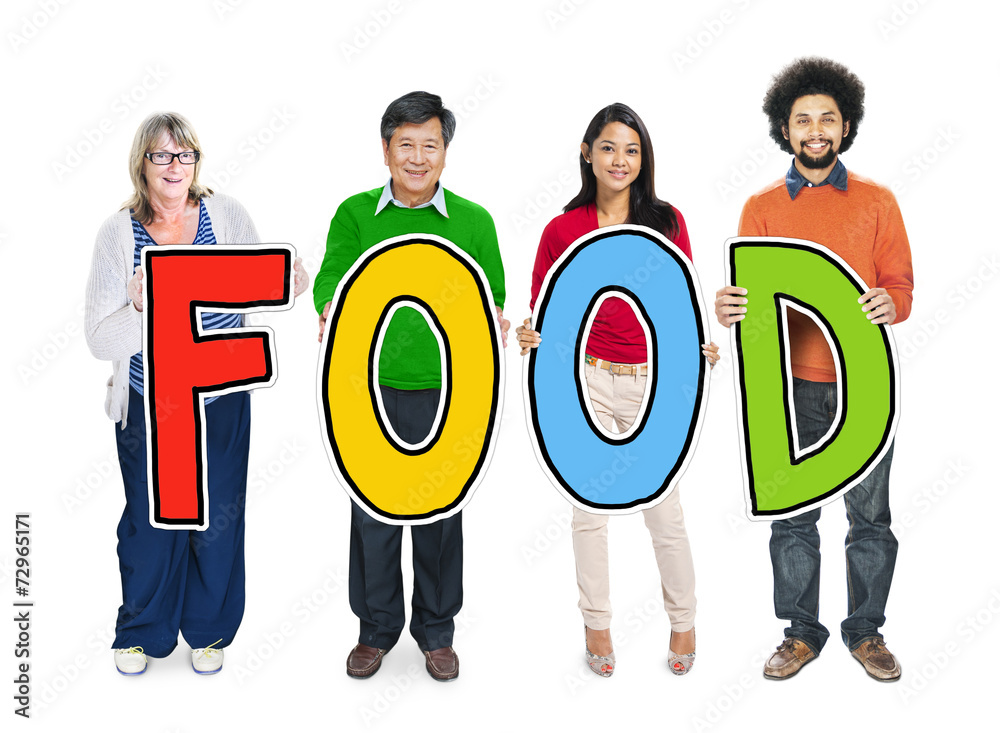 Multi-Ethnic Group of People Holding Text Food Multi-Ethnic Group of People Holding Text Food