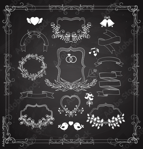 Wedding graphic set with wreaths and ribbons