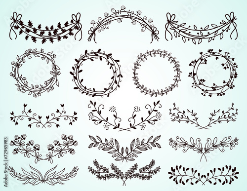 Set of hand-drawn floral borders and wreaths