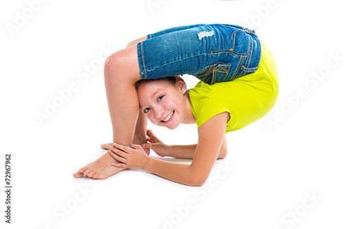 Bild auf Leinwand Flexible contortionist kid girl playing on white