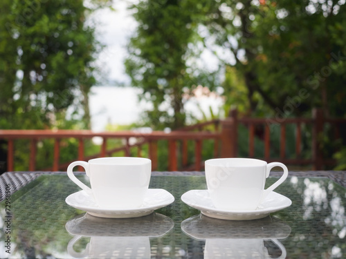 coffees on table in garden terrace