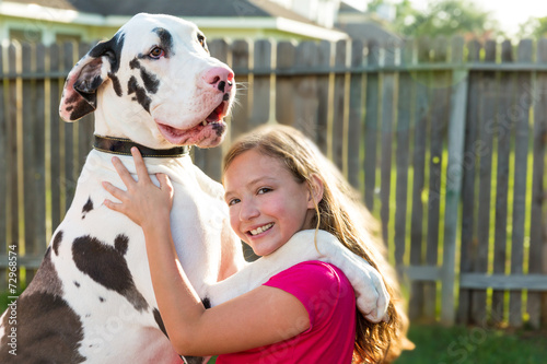 great dane stand up on kid girl shoulders playing