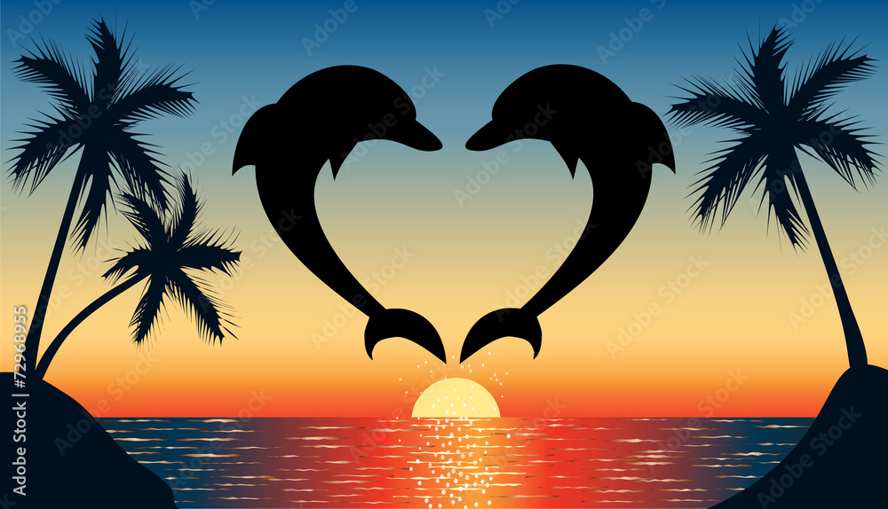 Obraz premium jumping up dolphin shaped heart with sunset