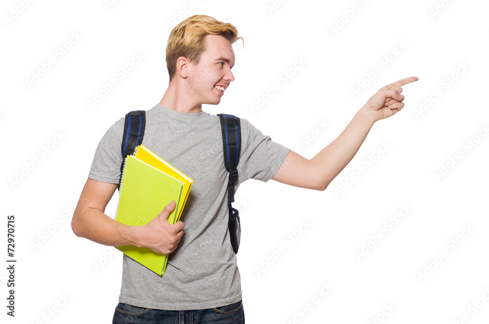 Student pressing virtual button isolated on white Student pressing virtual button isolated on white