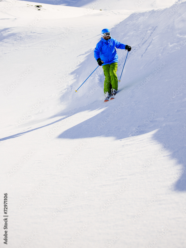 Skiing, Skier, Freeski, Freeride in fresh powder snow Skiing, Skier, Freeski, Freeride in fresh powder snow