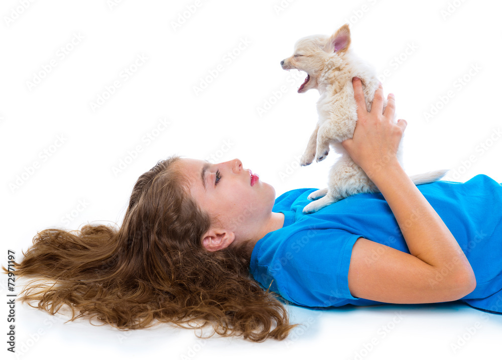 relaxed kid girl and puppy yawning chihuahua dog
