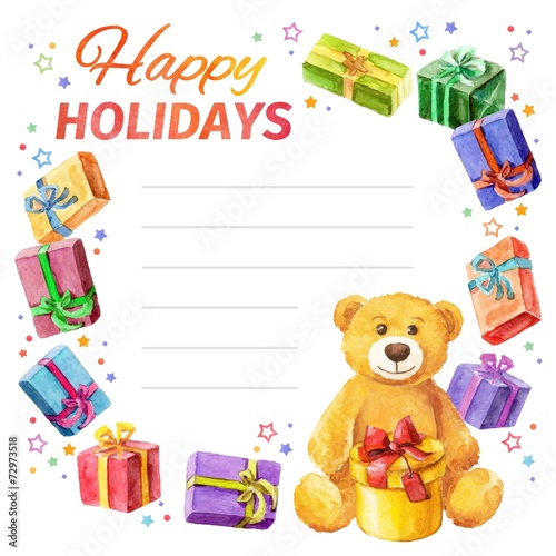 Card Happy holidays. frame of gifts and Teddy Bear. watercolor.