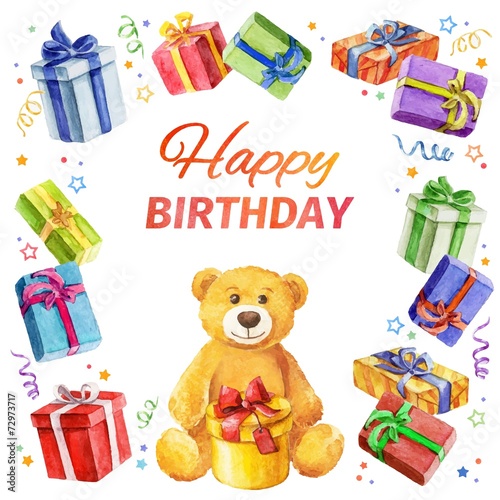 Happy Birthday. square frame of gifts and Teddy Bear.