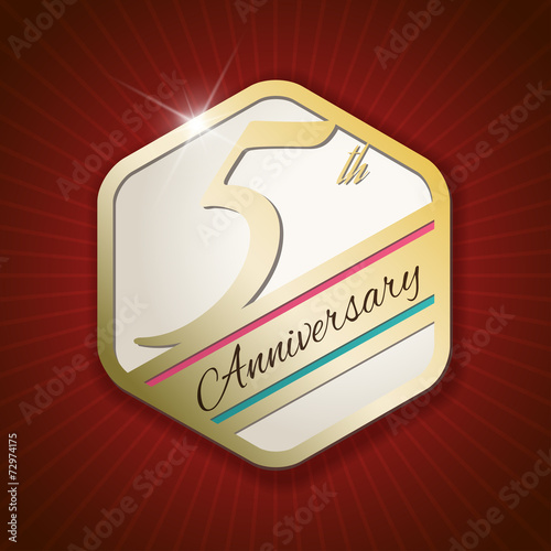5th Anniversary - golden Seal, Badge on red rays background