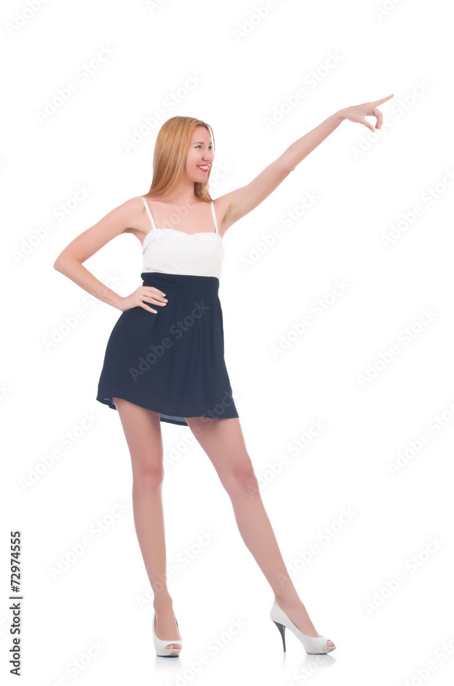 Woman pressing virtual button isolated on white Woman pressing virtual button isolated on white