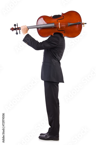 Funny man with music instrument on white