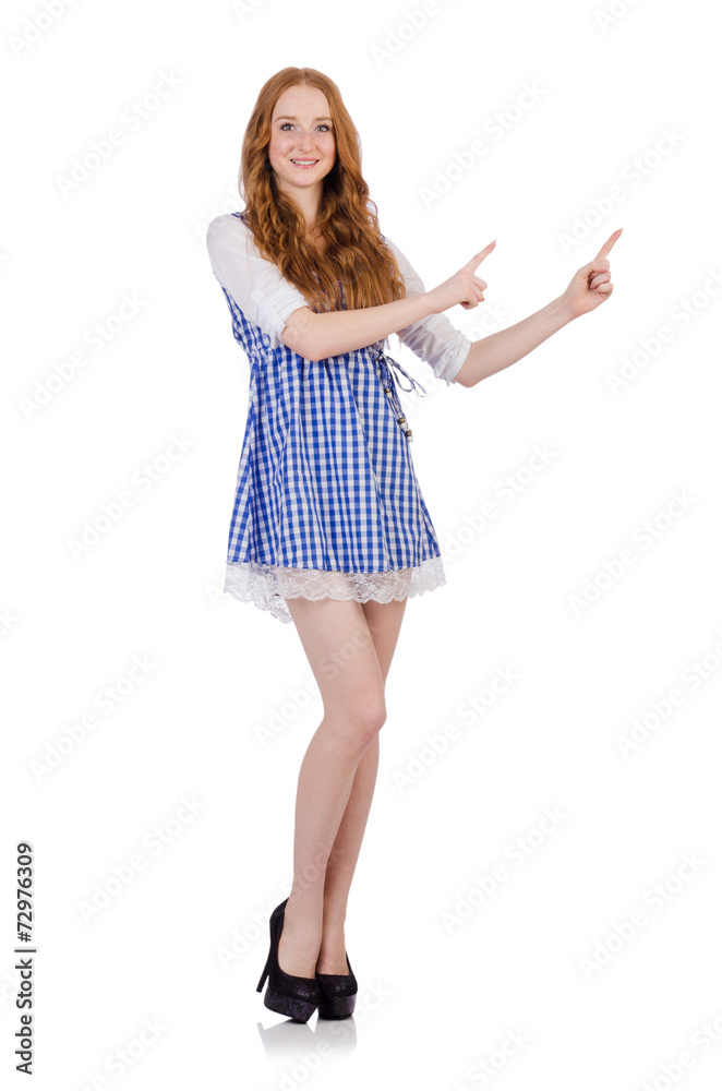 Woman pressing virtual button isolated on white Woman pressing virtual button isolated on white