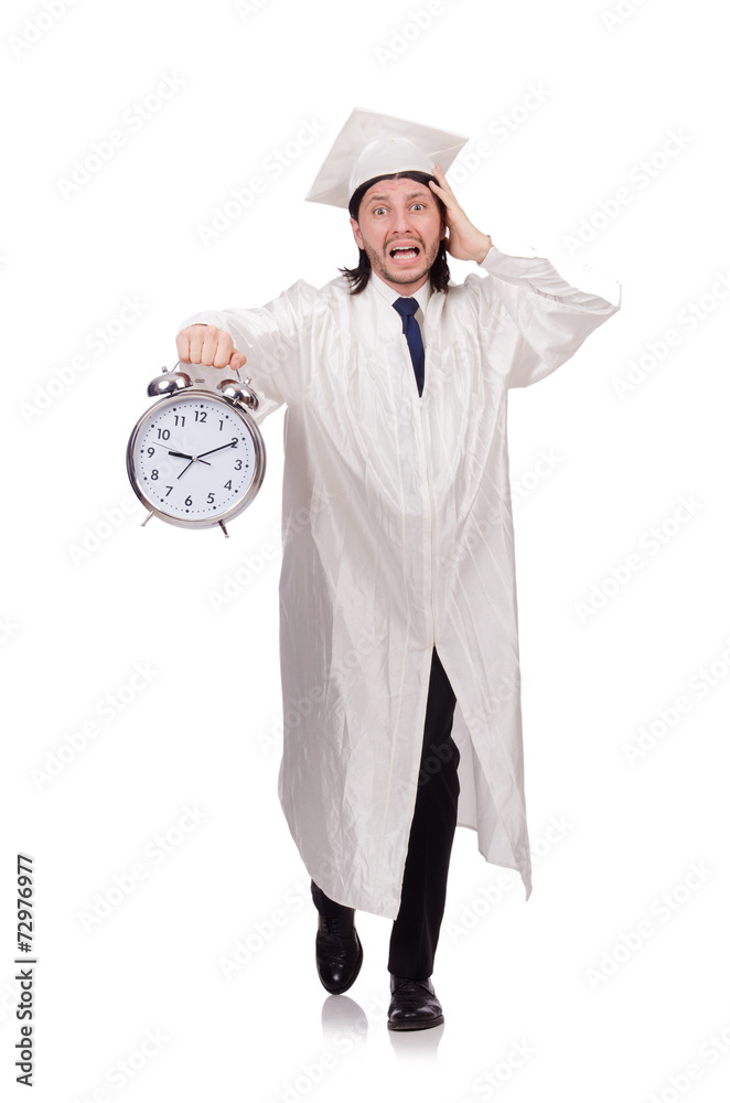 Student missing his deadlines with clock on white Student missing his deadlines with clock on white